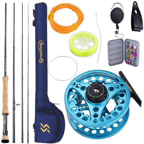 Sougayilang 5/6 Weight 9ft Fly Rod, 4-Piece Graphite Rod, Die Cast Aluminum Reel, Carrying Case, Fly Box & Fishing Flies Combo Starter Kit - color: Fly Fishing Combo #8-Blue