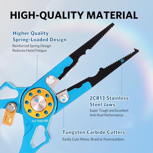 Fishing Pliers Saltwater, Split Ring Pliers Hook Remover with Safety Lock, Fishing Tools with Sheath and Lanyard, Fishing Gifts for Men - color: Blue