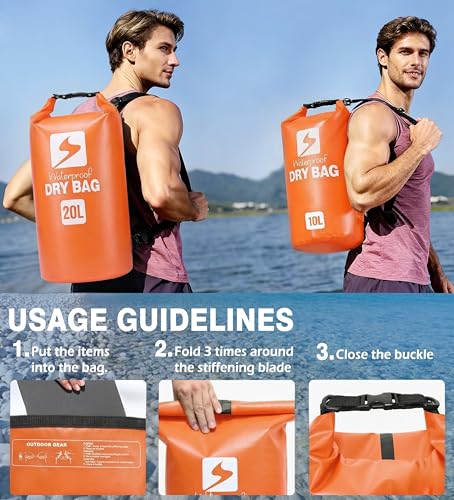 Soulsfeng Waterproof Dry Bag Backpack, Roll Top Floating Dry Storage Bag with Phone Case, Lightweight Dry Sack for Kayaking, Boating, Beach, Travel, Camping 20L, Orange - color: Orange, size: 20L