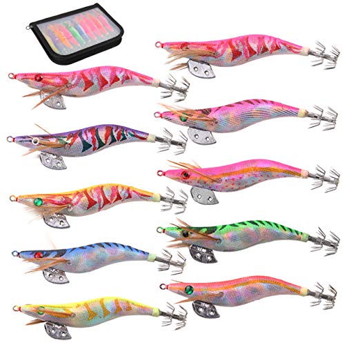 Squid Jigs Saltwater Shrimp Fishing Lures 10pcs Glow Squid Jig Baits Artificial Luminous Fishing Lures Kit for Octopus Cuttlefish - size: 3.0#-10PCS