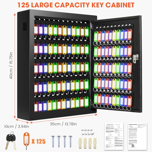 Nebakne 125 Position Key Cabinet Wall Mount with Anti-Theft Deposit Key Slot, Key Box Organizer with Key Hooks & 125 Tags Key Labels, Key Safe for Hotels & Office & Companies & Car Dealerships - color: Black, size: 125 Key Hook