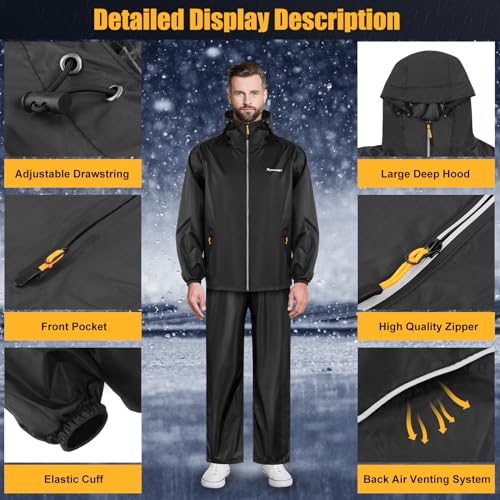 SOPPY Waterproof Rainsuit Jacket Pants Suits, Hooded Rain Jacket with Trousers, Packable Raincoat Sets with Carrying Bag - color: Black-m, size: Medium