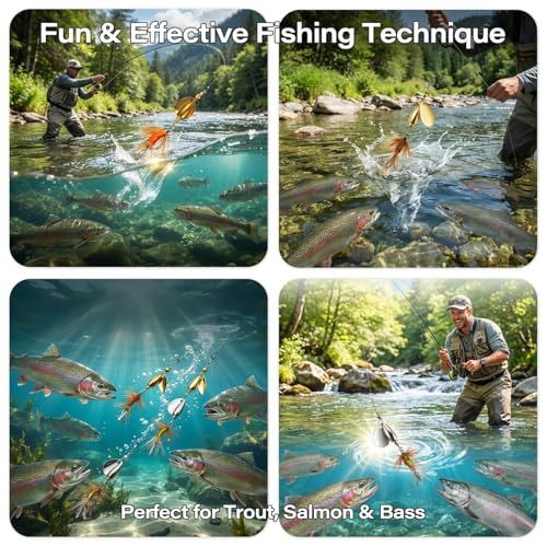 Trout Spinner Lures with Stimulator/Humpy Dry Fly Tail, Brass Hard Metal Hand-Tied Rooster Bait Tail Fishing Spinnerbaits for Bass Pike Salmon Saltwater Freshwater Lake River - color: 5PCS