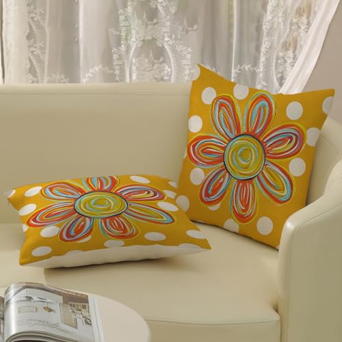 Mustard Yellow Pillow Covers 16x16 Inch 2 Pcs Colorful Floral Summer Outdoor Decor Throw Pillows Polka Dots Flower Farmhouse Holiday Decoration Pillowcase Linen Cushion Cover for Couch Sofa - color: Mustard Yellow Sun Floral, size: 16" x 16" (Pack of 2)