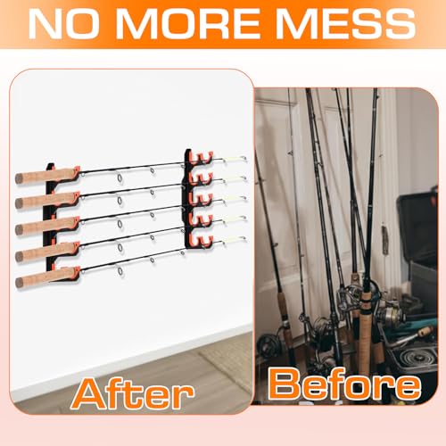 Soulchen 4 Pcs Fishing Rod Holder for Garage Dual-row Design Wall or Ceiling Mounted Fishing Pole Holders with Soft Protective Pad Horizontal Fish Rod Storage Rack Holds up to 10 Rods