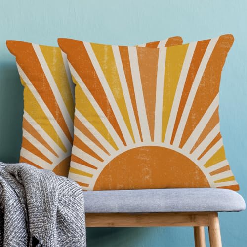 Summer Pillow Covers 16 x 16 Inch Set of 2 Stripes Yellow Burnt Orange Sun Throw Pillows Outdoor Decorative Boho Sunshine Pillowcase Linen Cushion Cases for Bed Sofa Couch - color: Boho Sun-1, size: 16" x 16" (Pack of 2)