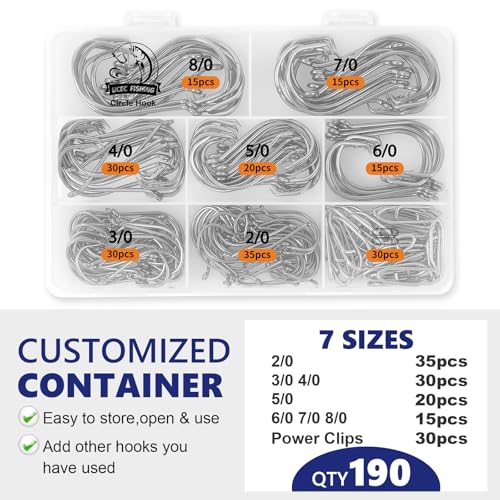 UCEC Circle Hooks Fishing Hooks 2X Strong Offset Circle Hooks Saltwater Black High Carbon Steel Octopus Catfish Hooks Fishing Gear Tackle 150pcs/ 240pcs - Size:#1 1/0 2/0 3/0 4/0 5/0 6/0 8/0 - color: Silver Assortment, size: 160+30pcs Clips 2/0 3/0 4/0 5/