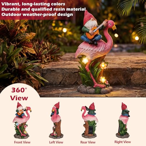 EXYGLO Solar Gnome Garden Statue Decor, 10" Gnome Riding Flamingo Outdoor Funny Decoration for Lawn, Patio, Yard, and Unique Housewarming, Birthday Ornament Gift for Mother, Friend, Family - style: Flamingo & Gnome