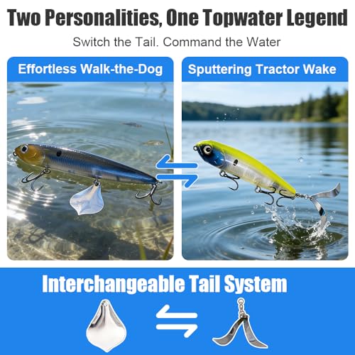 Topwater Plopping Lure Kit -5 Lures+5 Blades in Plastic Case, 4.7in,Adjustable for Walking Bait or Surface Tractor Action. Fishing Gifts for Men Targeting Pike, Bass, Musky in Freshwater