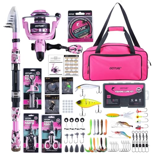 Goture Pink Fishing Rod and Reel Combo - ML Action Spinning Reel Pole with Pink Bag - Telescopic Rod Kit for Starter Travel Saltwater Freshwater, Gift for Woman - color: Pink Pole - Duffle Bag without Bottle Opener, size: 7FT/2.1M