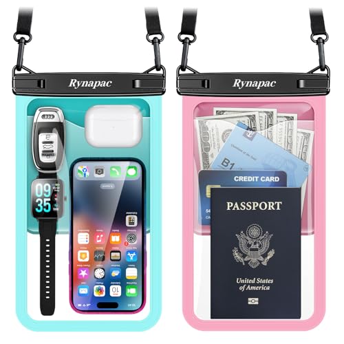 Rynapac Large Waterproof Phone Pouch [Up to 10"] - 2 Pack IPX8 Waterproof Phone Case for iPhone 17 16 15 Pro Max Galaxy S26 Ultra, Touchscreen & Underwater Photography, Beach Cruise Essentials 2026 - color: [Mint + Pink] Large Waterproof Phone Pouch, size