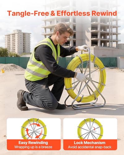 VEVOR Fish Tape Fiberglass, Duct Rodder Fishtape Wire Puller with Stand, 1/4-Inch Cable Running Rod, Marked Every 5 Feet, Fishing Tools for Walls and Electrical Conduit, Non-Conductive - size: 27.17 x 8.27 x 31.50 in / 690 x 210 x 800 mm