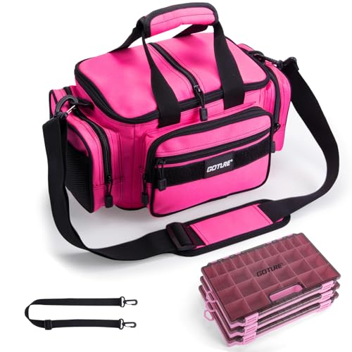 Goture Fishing Tackle Bag with 3 Tackle Boxes, Soft Side 600D Water-Resistant Cross Body Sling Fishing Bag, Small Saltwater Gear Storage Tactical Bags, Gifts for Men/Women (14.96"x9.06"x7.48") - color: A:Pink with 3 Tackle Boxes, size: X-Small