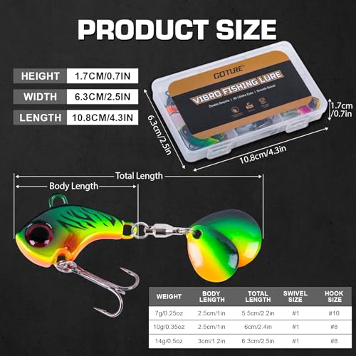 Goture Fishing Lures VIB Tail Spinners Bait Set, Two-Way Spinning Spoon System with Kona Treble Hook, Fixed Tube Anti-Tangle, 3D Eyes Sinking Lures with Tackle Box, Fishing Jigs Fishing Spinner Blade - color: B: 1/4 oz - 6 Pcs with Box