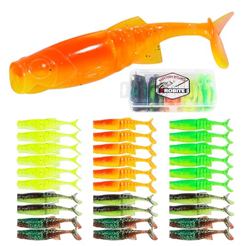 30pcs Soft Plastic Swimbaits with Paddle Tail, T-Tail Fishing Lures for Vertical Jigging and Casting, Freshwater Swimbaits for Bass, Trout, Walleye & Crappie - color: Multi-Jointed Flex, 2.5''
