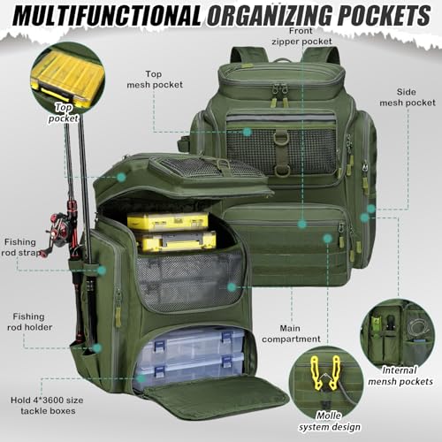 HAMBOLY Fishing Backpack 45L with Rod Holders, Water-Resistant Tackle Backpack for Fishermen, Large Capacity Fishing Gear Bag for Travel Hiking Camping - color: Army Green