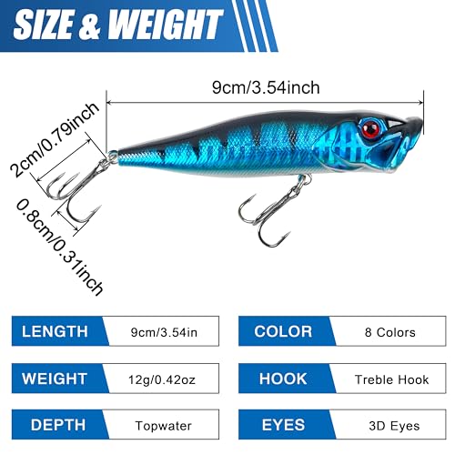 Fishing Lures Kit Crankbait Minnow Jerkbaits Popper Lures Shadllow Deep Diving Swimbaits Pencil Walleye Lures Artificial Hard Fishing Baits for Bass Trout Redfish Saltwater Freshwater - color: Popper Lures-8pcs