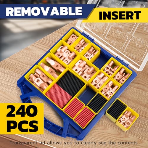 haisstronica 240PCS Battery Cable Ends Kit,120PCS AWG 8 6 4 2 0 00 Heavy Duty Copper Wire Lugs Ring Terminals,Battery Cable Lugs Eyelets Terminal Connectors with 120PCS 3:1 Heat Shrink Tubing - color: Bare Copper, size: 240 PCS