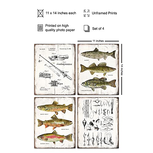 LARGE 11x14 - Fishing Accessories Gifts - Rod, Reel, Lures Patent Print Set - Lake Mountain House Decor for the Home - Rustic Bass, Trout, Freshwater Fish Wall Art - Room Decoration Poster - Fishermen - size: 11x14 inches