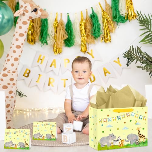 Hooqict Large Baby Boy Girl Gift Bag Baby Shower Wrapping Gift Bag with Handles, Tissue Paper, Greeting Card for Newborn Baby Shower Gender Reveal 1st Birthday Party Favors Supplies - color: Baby