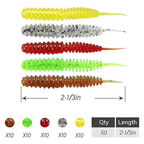 RUNCL Anchor Box - Paddle Tail Swimbaits, Soft Jerk Baits, 20/40/50/60pcs Soft Fishing Lures, Curved Tail Grubs - 3D Lifelike Eyes, Split/Boot/Curved/Straight/Thin Tail - 1/2/3/4/5in, Proven Colors - color: T - Straight Tail Worms (2-1/3in, 50pcs)