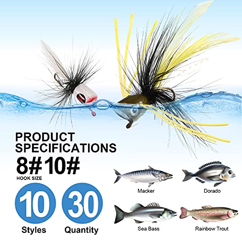 30 Pcs Fly Fishing Poppers Flies Kit, Topwater Bass Popper Lures with Hooks Colorful Freshwater Fly Popper Assortment for Bluegill Panfish Perch Crappie(Size 8 and 10 - color: Various Colors