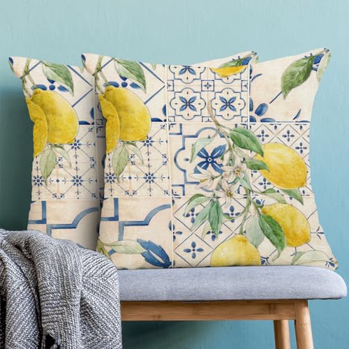 Summer Floral Pillow Covers 18x18 Set of 2, Blue and Vintage Botanical Yellow Lemon Flower Decorative Throw Pillows Farmhouse Linen Seasonal Outdoor Cushion Case for Home Couch Sofa Decor - color: Blue Yellow Lemon, size: 18" x 18" (Pack of 1)