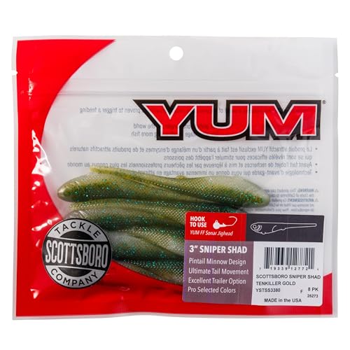 YUM Sniper Shad Soft Plastic – Realistic Minnow Bass Fishing Lure, Jig Head & Underspin Trailer, 3” 4” 5” Sizes, Multiple Colors - color: Tenkiller Gold, size: 3"