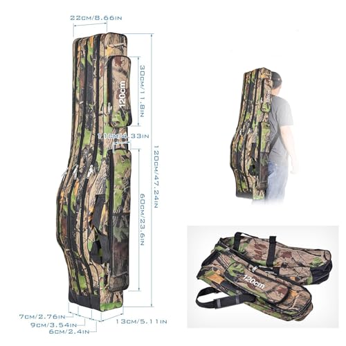 3 Layers Fishing Pole Bag,Portable 3 Layers Oxford Folding Rod Carry Case,Fishing Reel Tackle Storage Bag Case - color: Earthy yellow, size: 120cm/47.2in