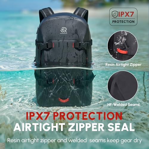 Premium IPX7 Airtight Waterproof Backpack for Kayaking Black | Boating, Paddle Boarding, Fishing, 30L with Resin Zipper, Rugged Gear Protection Submersible Backpack, Water Sports, Surfing - color: Black