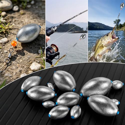 Alwonder Egg Sinkers Fishing Weights 3/16-10oz, Oval Lead Fishing Weights Sinkers Bass Fishing Casting Egg Sinker Saltwater Freshwater Tackle - size: 1-1/2oz - 10pcs