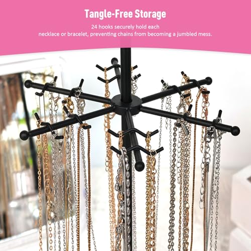 360 Rotating 2-Tier Jewelry Organizer Stand, Large Earring Holder Organizer with 48 Holes for Studs，24 Prongs for Necklaces, Wide Base for Bracelets, Watches, Lipstick, Jewelry Display Stand for Women - color: Metal,2-Tier,Black