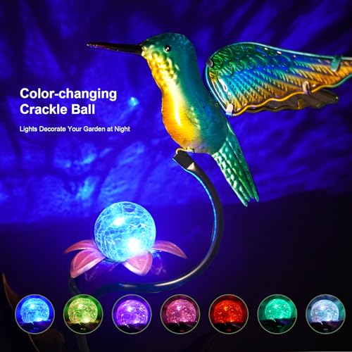 HONGLAND 46 Inch Solar Hummingbird Lights, Solar Garden Decor with Cracked Glass Ball, Hummingbird Decorative Garden Stakes Outdoor Waterproof for Lawn Patio Yard Porch, Gifts for Mom - color: Hummingbird