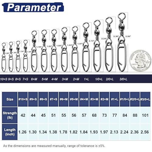 QISHUO High Strength Fishing Swivels Stainless Clips Steel Snap Swivels Barrel Connector Saltwater Swivel Fishing Rolling Black Nickel - size: Size 8+S (45lb) 50 pcs