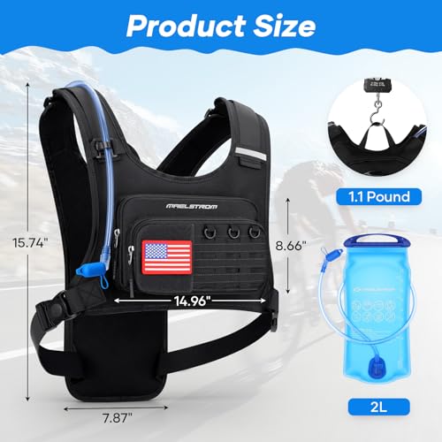 Maelstrom Hydration Running Vest with 2L Water Bladder for Men Women | Chest Pack, BPA-free, High Flow Bite, Reflective Stripe, Detachable, Breathable Pad, Perfect for Cycling, Marathon, Hiking - color: Black