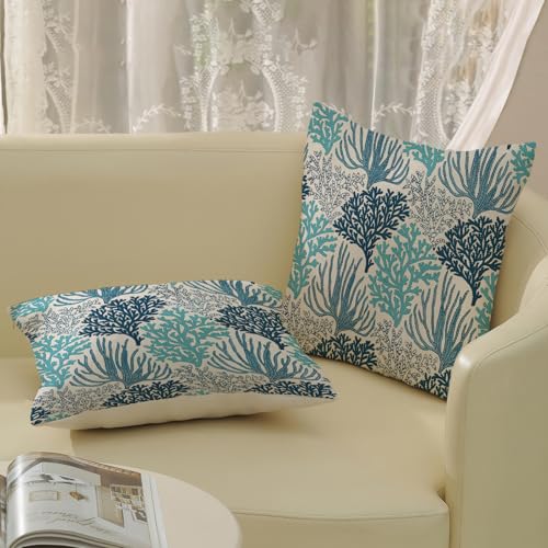 Coastal Pillow Covers 16x16 Inch 2 Pcs Blue Teal Turquoise Coral Summer Outdoor Decor Throw Pillows Nautical Sea Ocean Themed Holiday Decoration Pillowcase Linen Cushion Cover for Couch Sofa - color: Blue Teal Coral, size: 16" x 16" (Pack of 2)