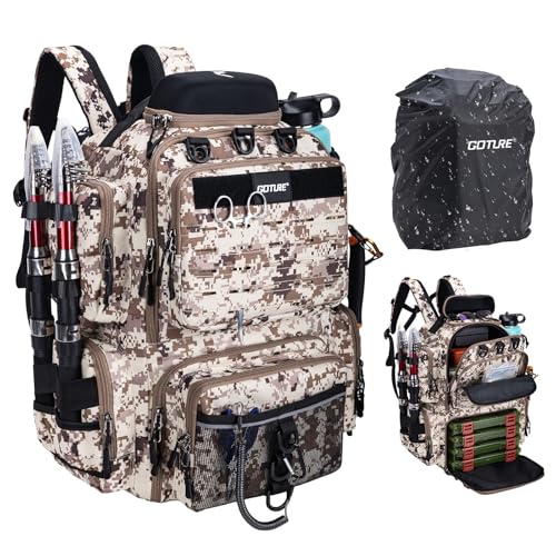 Goture Fishing Backpack, 900D Water-Resistant Tackle Backpack with Rod Holders, Hard Sunglasses Case, 45L Large Storage Gear Tackle Bag with Rain Cover, Bottle Holder for Travel Camping Hiking - color: A1:camo 1#, size: Without Tackle Boxes