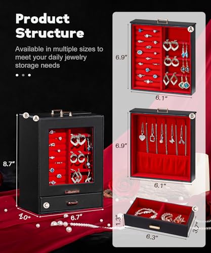 Homde Jewelry Organizer Girls Women Jewelry Box for Necklaces Rings Earrings Gift Bracelets Storage Case (Black + Red + Gold) - color: Black + Red + Gold