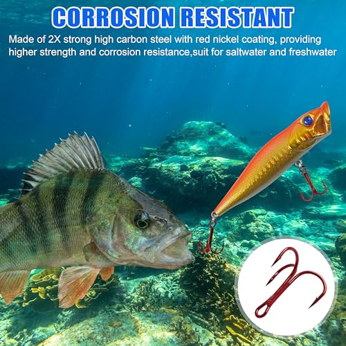 Fishing Treble Hooks Kit, Sharp Replacement Treble Hooks for Lures Baits, High Carbon Steel Fishing Hooks with Stainless Steel Split Rings Set for Bass Trout Walleye Pike - color: Red_180pcs
