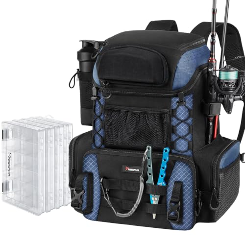 Piscifun Fishing Tackle Backpack with Rod Holders & 4 Tackle Boxes, 42L Outdoor Fishing Bag with Waterproof Rain Cover - color: Black