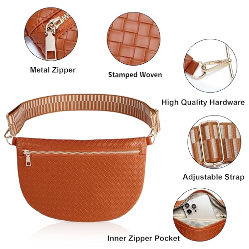 Woven Crossbody Bags for Women Leather Belt Bum Sling Purse Fanny Waist Pack Chest Shoulder Bag for Women-Brown - color: Brown