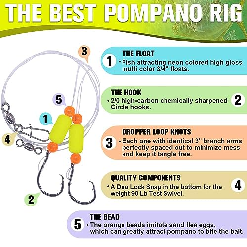 Pompano-Rigs-for-Surf-Fishing-Saltwater-Gear with Double Circle & Wide Gap Hook-6-Pack Surf Fishing Tackle - color: Neon Yellow 6-Pack, size: 2/0 Circle Hook