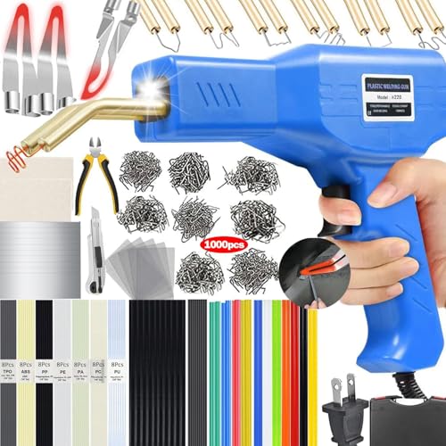 Upgraded 220W Plastic Welder, 2 in 1 Plastic Welding Repair Welder Kit 1000PCS Hot Stapler Soldering Gun with 100PCS Plastics Welding Rods Car Bumper Repair Kit for Most Plastics(Blue) - color: Blue