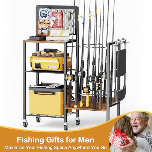 Olakee Fishing Rod Holders, Rolling Fishing Rod Rack for Garage & Boat, Tackle Box & Reel Holder Cart, Easy Assembly Fishing Gear Management System, Ideal Birthday Gift for Men Dad Anglers - color: 12 Rods,Brown