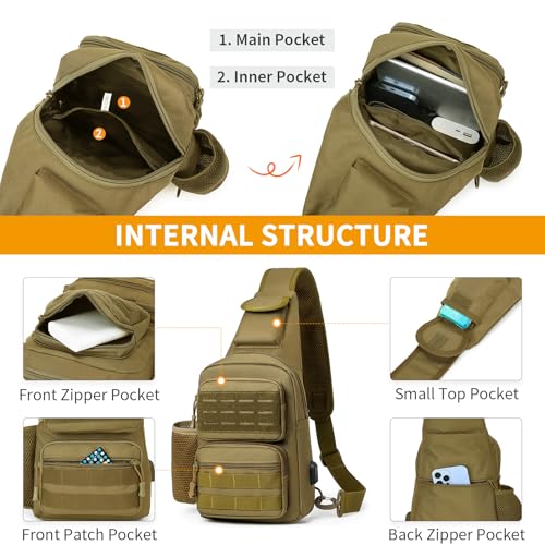 HUNTVP Tactical Sling Bag Crossbody Bag for Men Women EDC Shoulder Bags Molle Sling Backpack Chest Pack for Hiking Hunting Travelling Camping (Type3-Brown) - color: Type3-brown