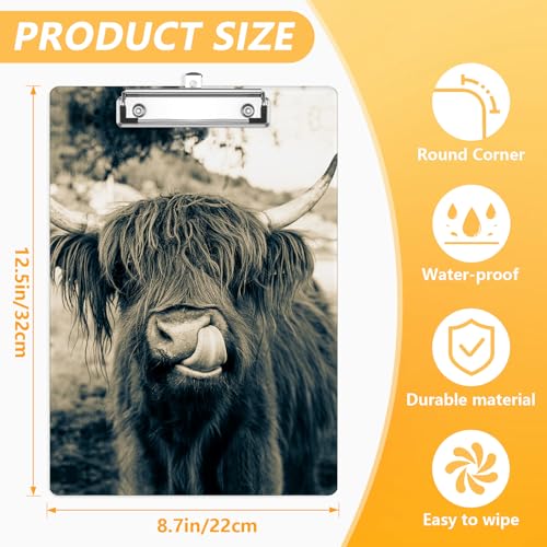 Highland Cow Clipboard, Wild Animals Decorative Clip Board with Metal Clip Cute Plastic Clipboards A4 Standard Size 8.5" x 12.5" for Nurses, Students, Office - color: Highland Cow