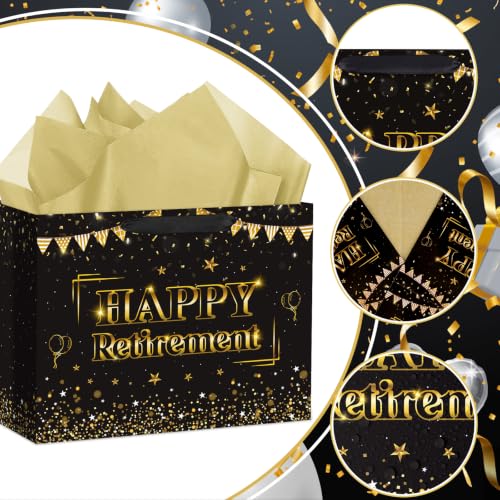 Hooqict Large Retirement Gift Bag Black Gold Happy Retirement Gift Wrap Bag with Handles, Tissue Paper, Greeting Card for Men Women Teacher Office Coworker Farewell Going Away Party Favors - color: Retirement