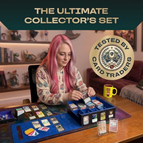 4-Row Mtg Trading Card Storage Box With Display Windows - Magnifier Ruler, 2 Display Stands, 6 Cardholders - 3000+ Card Case With Magnetic Closure, Sports TCG Card Organizer - Blue Card Boxes - color: Black, Blue (4 Row)