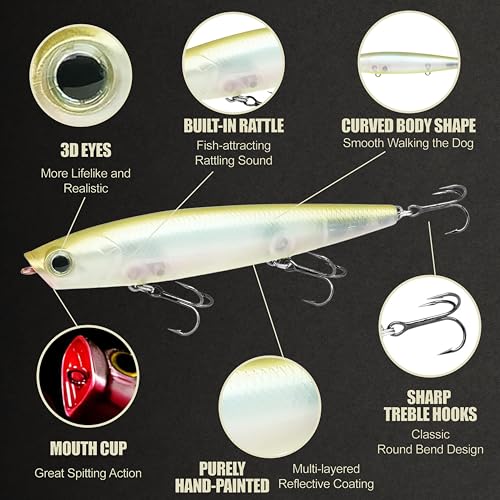 LUCKY CRAFT Gunfish 95 3 Hook Freshwater Fishing Lures and Bait for Bass Fish, Topwater Fish Line, Surface Bait with Treble Hooks, Fishing Gear for Tackle Box - color: 528 Golden Ghost Minnow