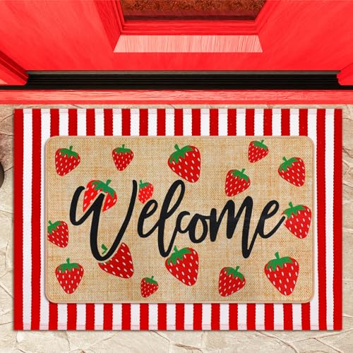 Tinideya 2 Pcs Strawberry Layered Door Mats Outdoor Cute Summer Strawberry Welcome Front Door Rugs Non Slip Floor Mats for Porch Entryway Outdoor - size: 16 x 28 Inch,24 x 35 Inch, style: Strawberry